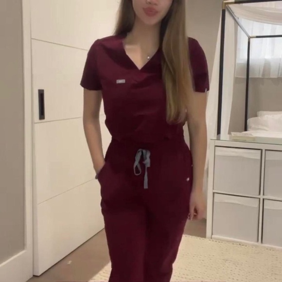 Figs Burgundy Scrub Top and Joggers - Picture 3 of 3
